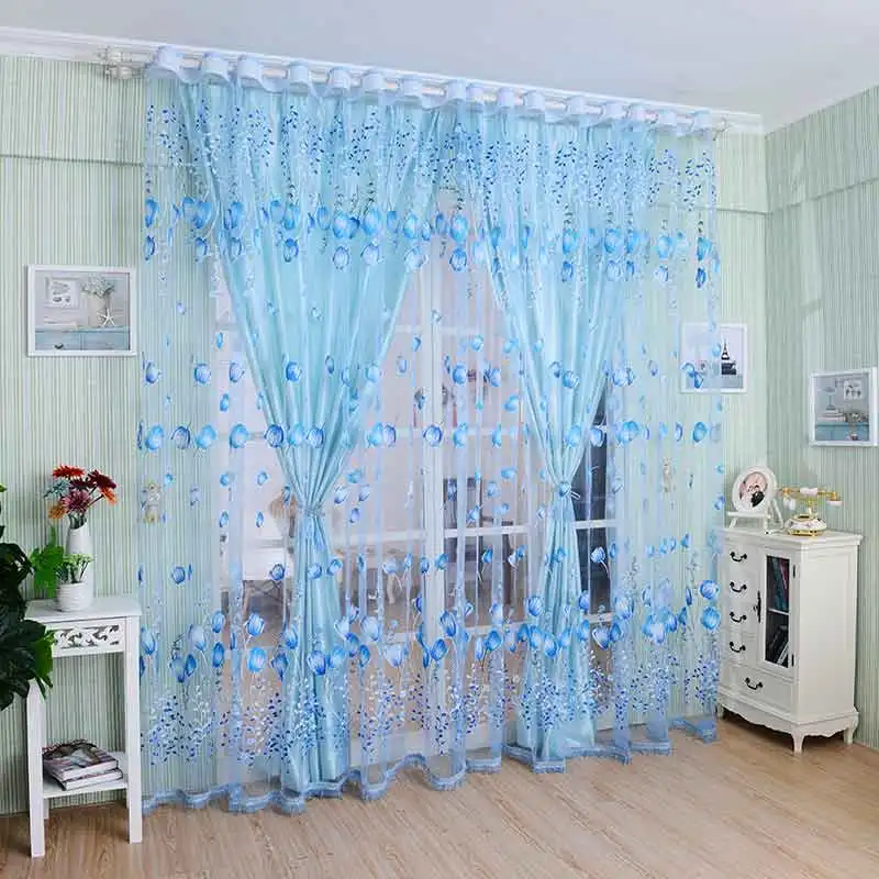 

1pc Tulip Floral Curtain Sheer Voile Tulle Window Screening for Bedroom Balcony Blue flower Printed Curtain home decoration