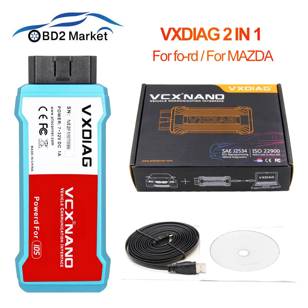 VXDIAG NANO для FD для Mazda 2 в 1 IDS V114.01 V114 USB/wifi автоматический диагностический инструмент vcx nano obd2 заменитель сканера VCM II