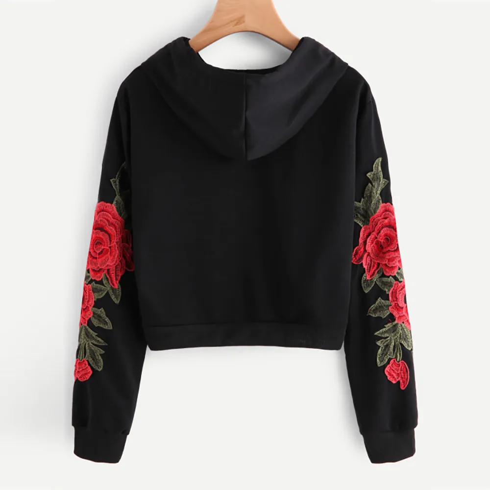 Осенняя Женская толстовка с аппликацией, длинный рукав, блузка, Черный Принт, Цветочная вышивка, цветы розы, пуловер с капюшоном, топы, рубашка