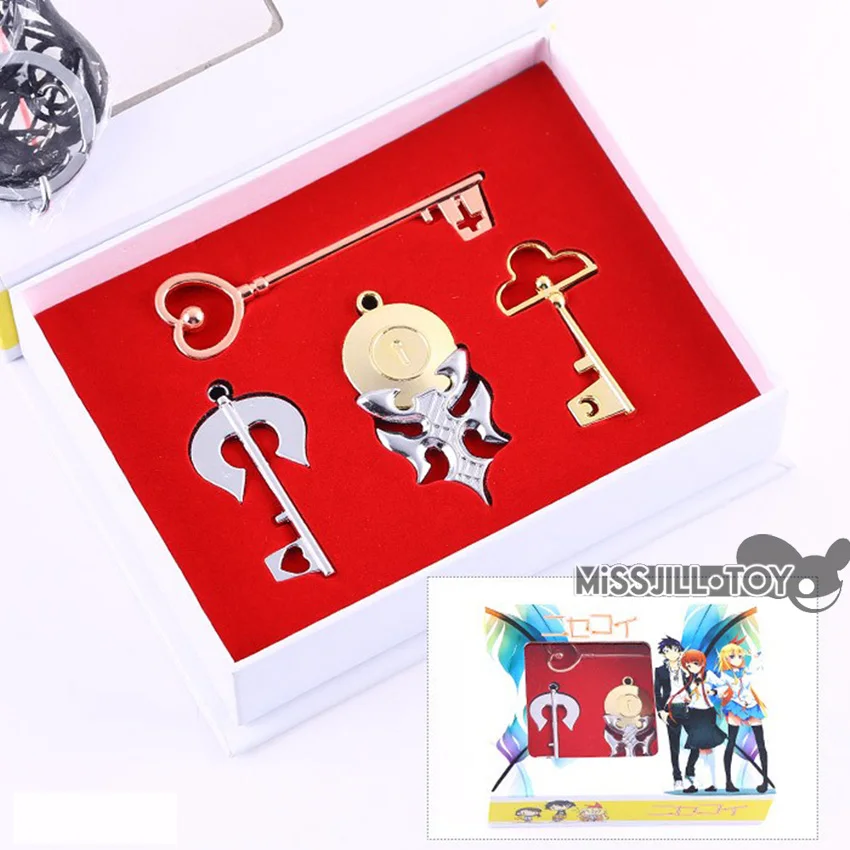 

4pcs/set Fashion Jewelry Necklace Anime Nisekoi Kirisaki Raku Lock Key Pendant keychain necklace Cosplay with box for best Gift