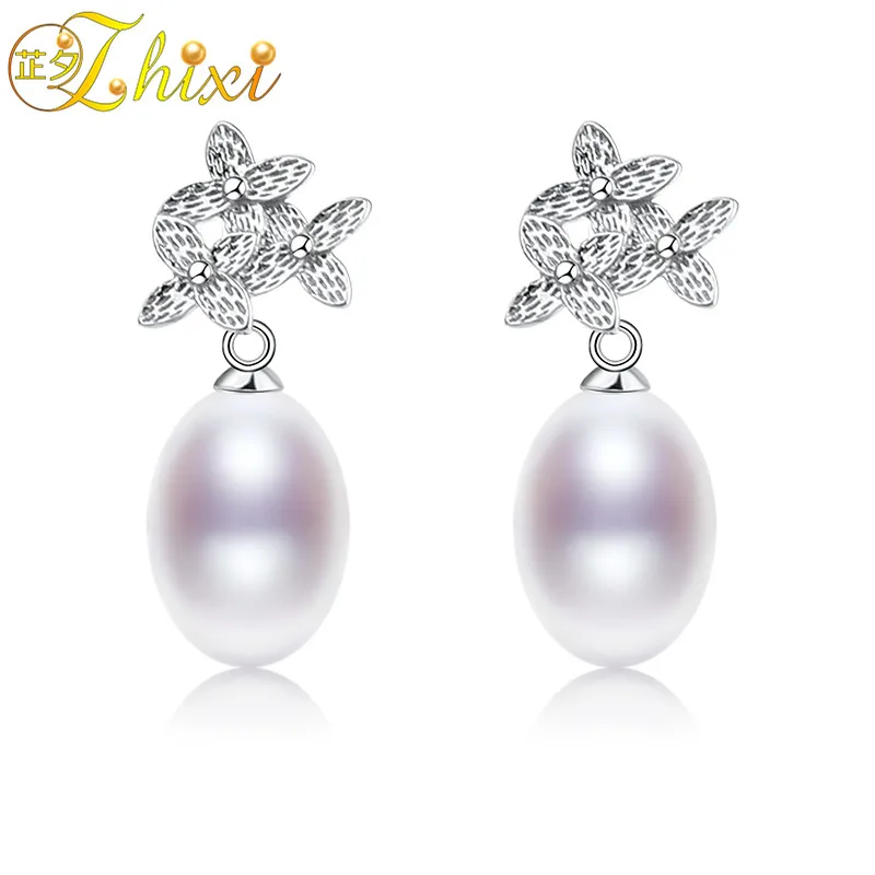 

ZHIXI Pearl Earrings Pearl Jewelry 925 Sterling Silver Natural Fresh Water White Drop Trendy Fine For Wendding Women E211