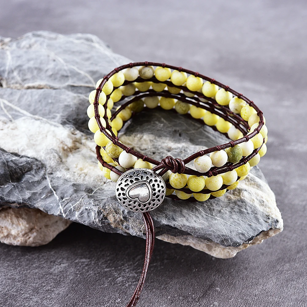 

Asingeloo Matte Natural Yellow Stone Beads Leather Bohemia 3 Wraps Bracelets Handmade Vintage Jewelry Bracelet for Women Gift