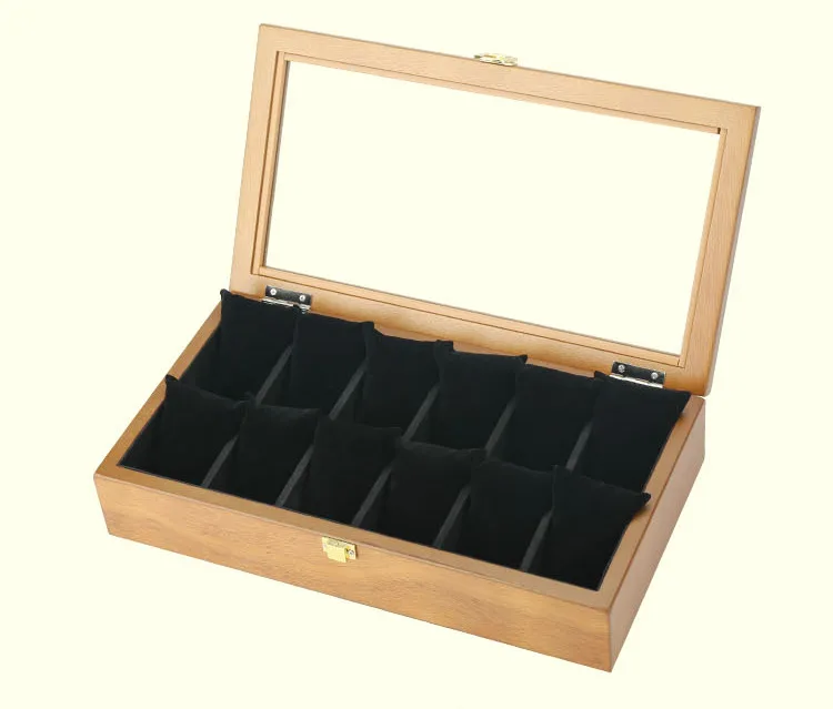 12 слотов деревянные коробки для часов чехол механический органайзер для часов со стеклянным окном ювелирные изделия коробки для хранения подарков - Цвет: Черный