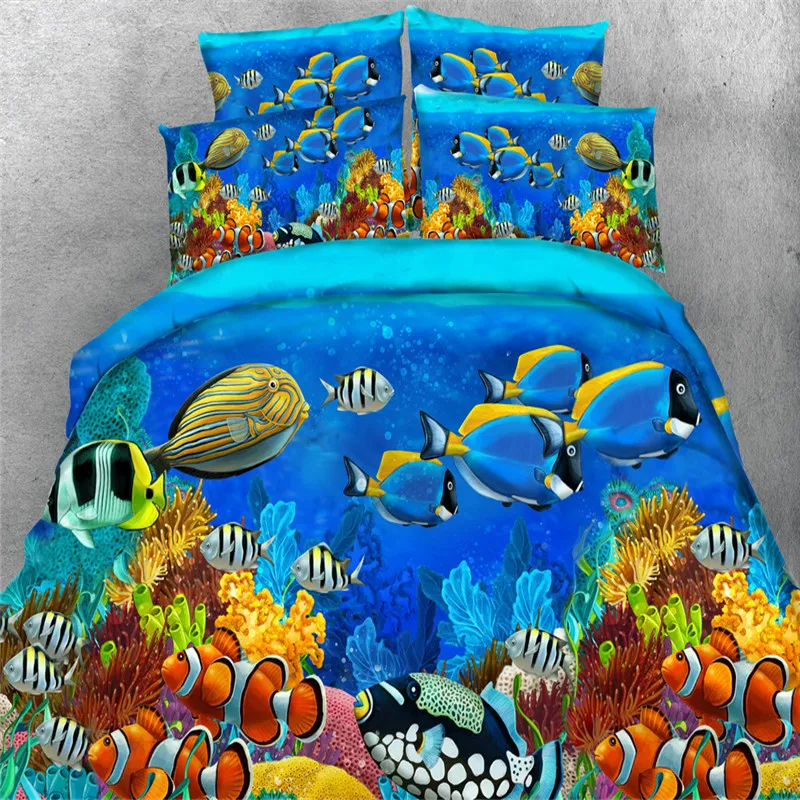 

Free shipping cotton 3d sea fish/turtle 4pcs bedding without comforter twin/full/queen/king/super king size home textile