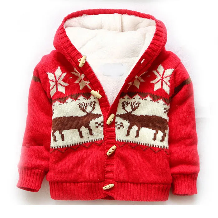 Зимний модный простой и элегантный рождественский детский свитер с капюшоном и рисунком лося пальто Plus Villus TST0127