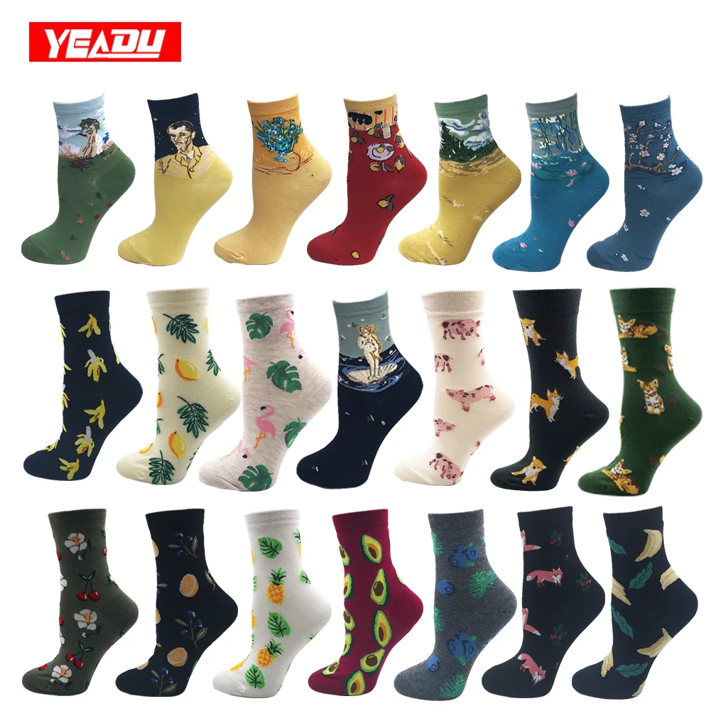 YEADU, женские носки из чесаного хлопка, забавные, летние, художественные, с масляным принтом, Ван Гог, новинка, Harajuku, Kawaii, лиса, авокадо, Happy Sox, для девочек