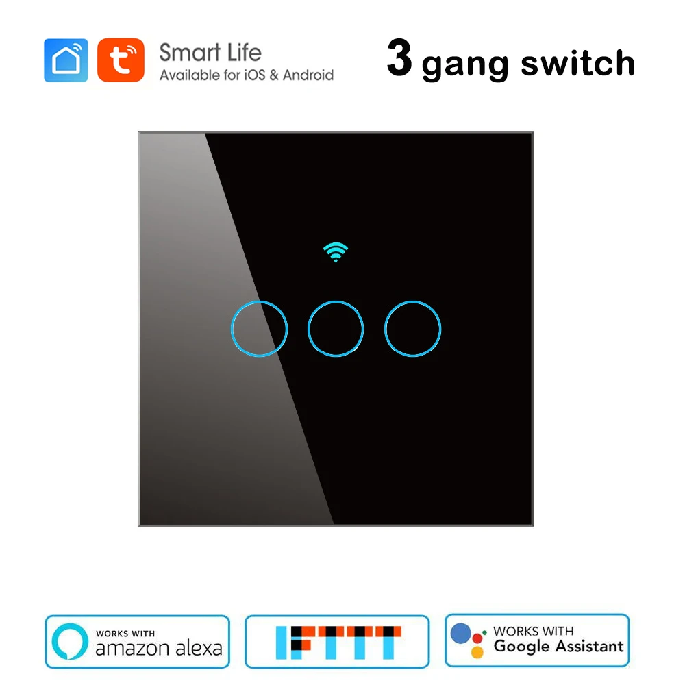 Tuya Wi-Fi Переключатель ЕС 10 А настенный светильник с одним пожарным проводом умный Таймер сенсорный переключатель Голосовое управление совместимый с Alexa Google IFTTT - Цвет: Black 3Gang