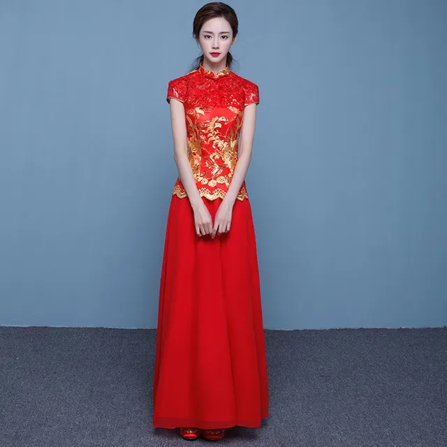 7Fairy Damen Qipao Kleid Rot - Chinesische Hochzeitskleid Lang