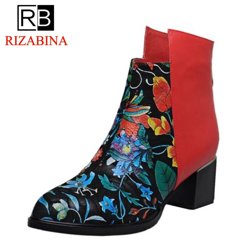 

RizaBina Women High Heels Ankle Boots Genuine Leather Shoes Woman Warm Boots Winter Print Patchwork Zipper Shoes Size 33-42