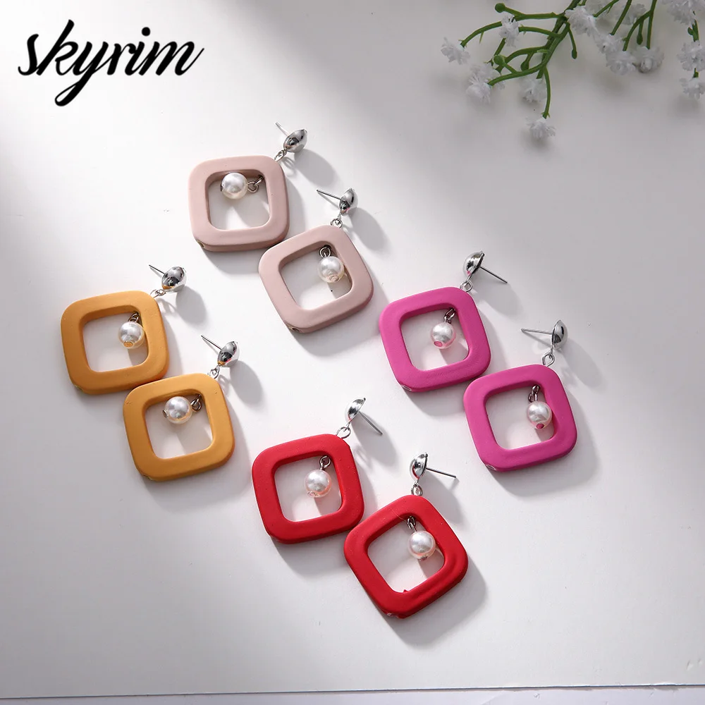 

SKYRIM Sweet Hit Color Geometric Drop Earrings for Women Simulated Pearl Earring Statement Drop Earrings for Wedding Party Gift