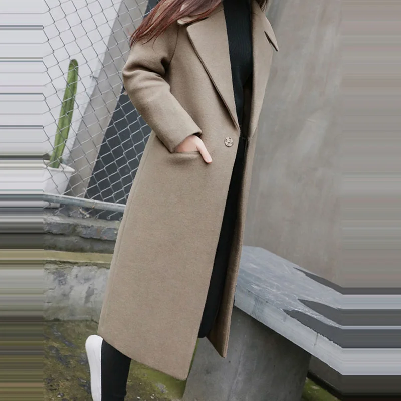 Женское однотонное длинное пальто на пуговицах с отложным воротником, женское повседневное пальто, Осень-зима, модная Корейская женская верхняя одежда