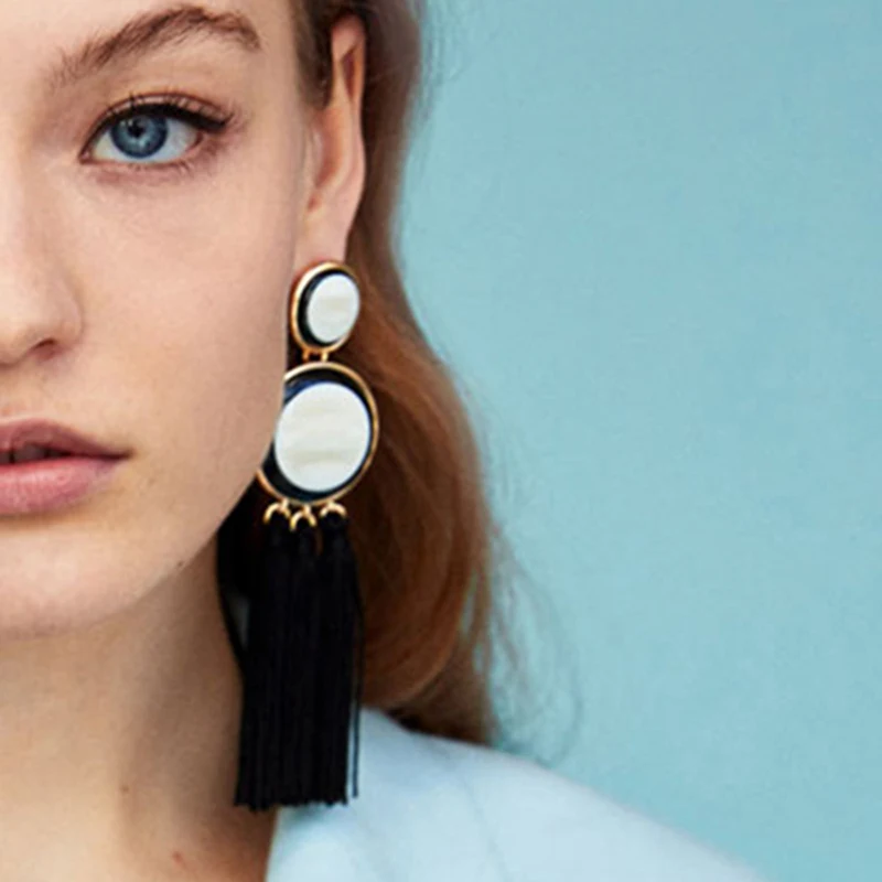 

Bohemian Handmade Big Long Tassel Earrings 5colors Round Drop Earring Black Tassel Fringe Earrings for Women Party Jewelry