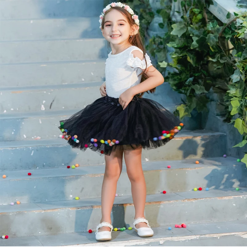 B&N Soft Chiffon Elastic Waist Girl Princess Pettiskirts Children Dance Solid Tutu Skirts Coloful Pompom Tulle Skirts For 2-8T11