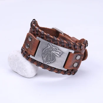 

VIP LINK Braid Leather Bracelets for Men Vintage Antique Silver Color Metal Viking Punk Wolf Charms Bracelet Talisman Adjustable