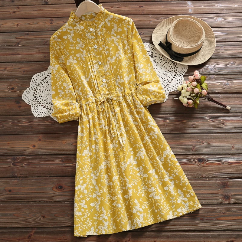 Mori Girl весенне-летнее женское желтое платье с гофрированным воротником и цветочным принтом элегантное платье из хлопка и льна с рукавом 3/4 милые платья