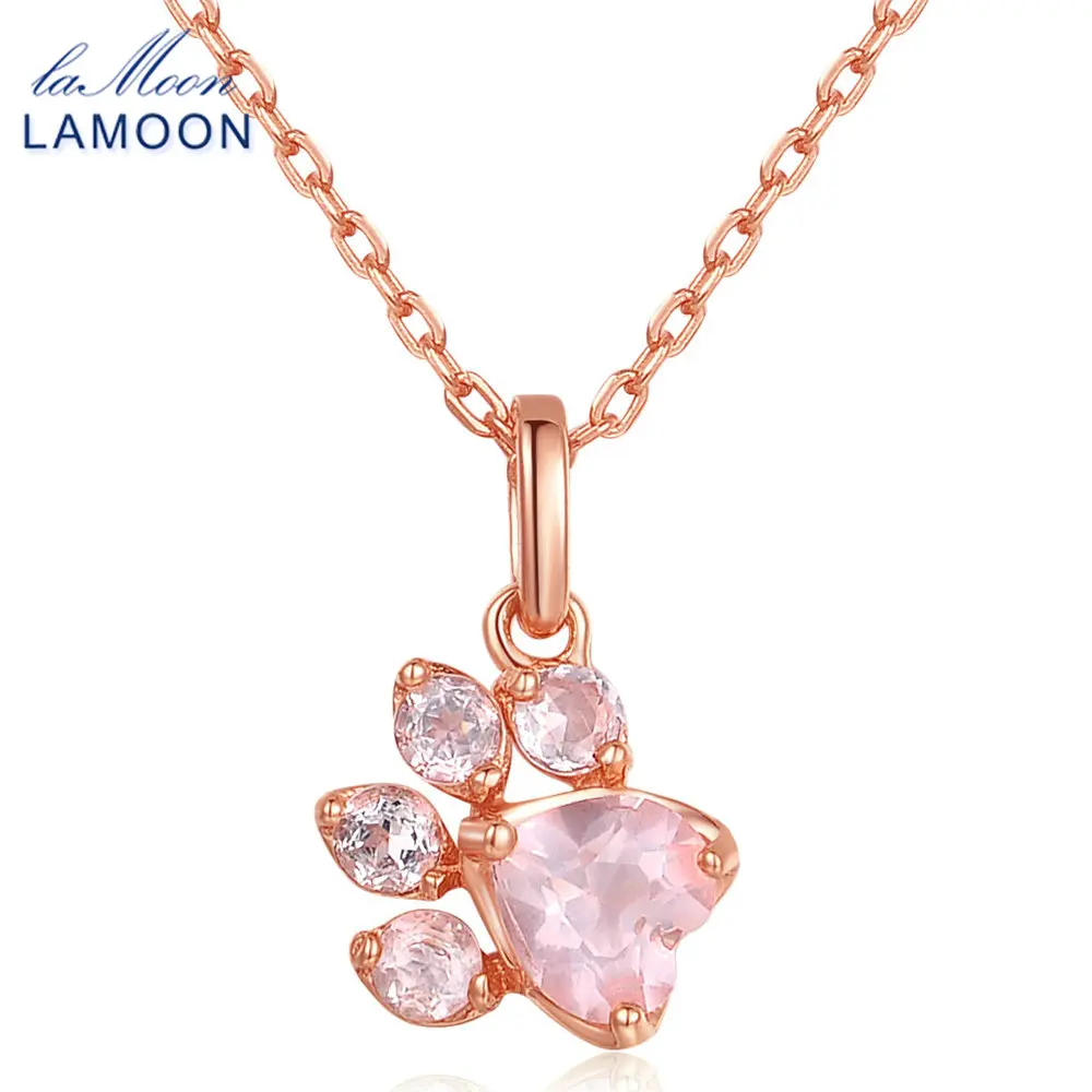 LAMOON Bear's Paw 5x5.5mm 100% Natural Gemstone Rose Quartz Chain Necklace 925 Sterling Silver Jewelry Rose Gold Plated LMNI027 - Image 6