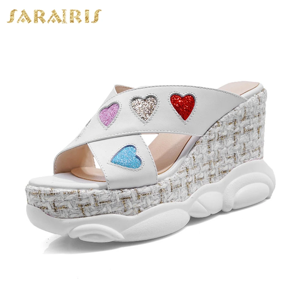 

Sarairis Brand New Ladies Wedges High Heels Heart-shaped Genuine Leather Shoes Woman Casual Party Summer women's Slipppers