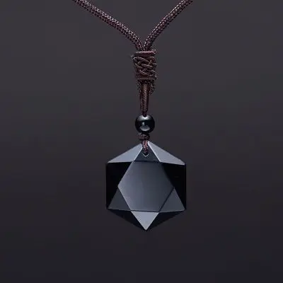 

New arrival Natural Stone Obsidian Pendant Necklace Adjustable Rope Star of David Pendant