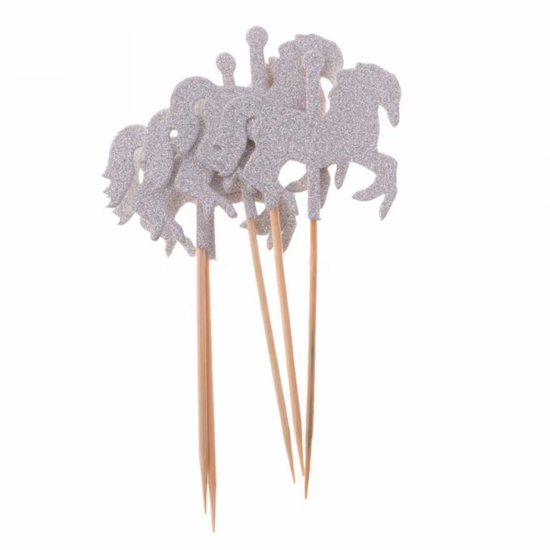 5pcs/set  Glitter Rotating Horse Cupcake Picks Cake Toppers Party Wedding Decoration Gold/Silver