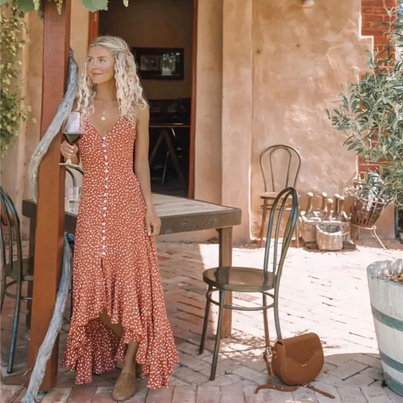 Фото Элегантное женское длинное платье в горошек Boho летний сексуальный сарафан с v Элегантное женское длинное платье в горошек Boho летний сексуальный сарафан с v