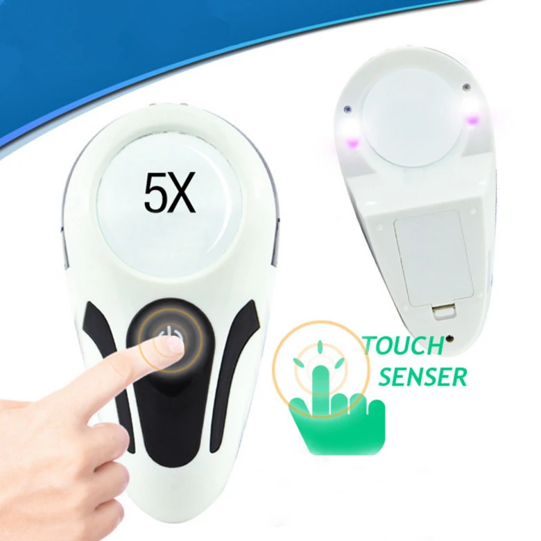 

Multi-function touch-sensing desktop hands-free magnifier 5X +5 LED +2 UV counterfeit light flashlight For Reading