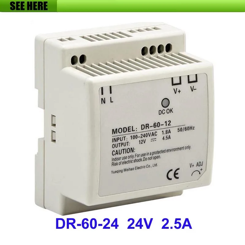 

Free Shipping Din rail Single Output Switching Power Supply DR-60-24 60W 24V 2.5A AC To DC Converter
