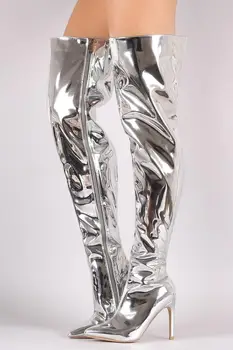 

Mirror Leather Thigh-High Boots Pointed Toe Sexy Gladitor Over The Knee Boots For Women Silver Gold Metallic Leather Boot