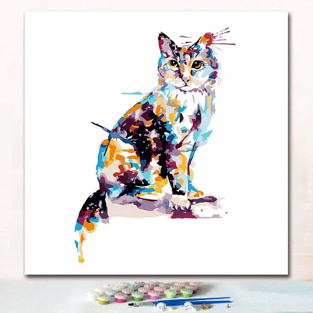 Акварель Красочные Чернила кошка голова живопись по номерам с цветами для цифровая живопись цвет на холсте детей - Цвет: 7091