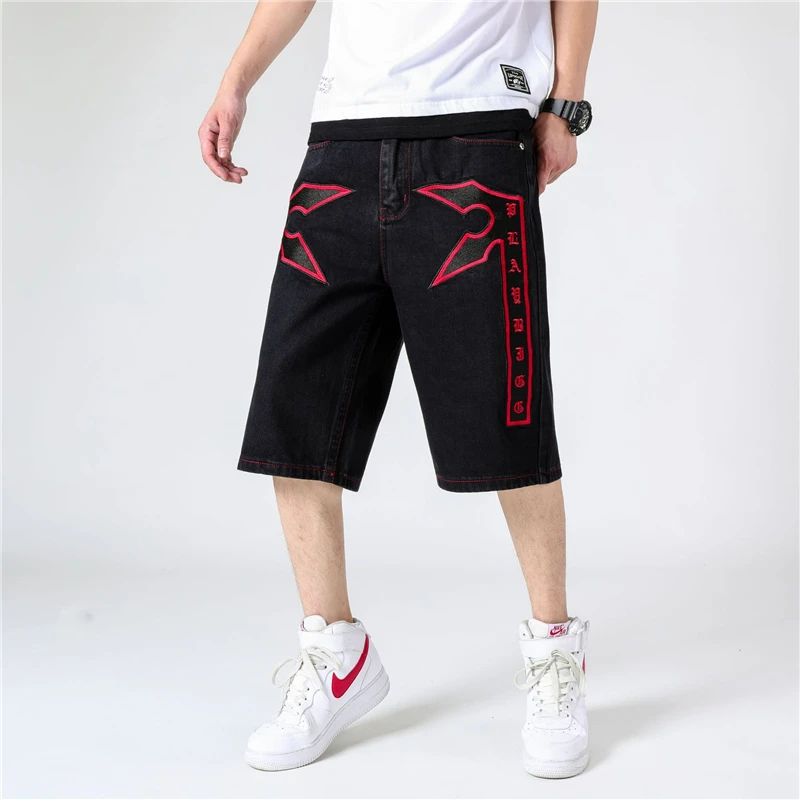

Big Size Denim Shorts Men Baggy Jeans Skateboard Knee Length Shorts Embroidery 2019 Summer Casual Bottoms J0217