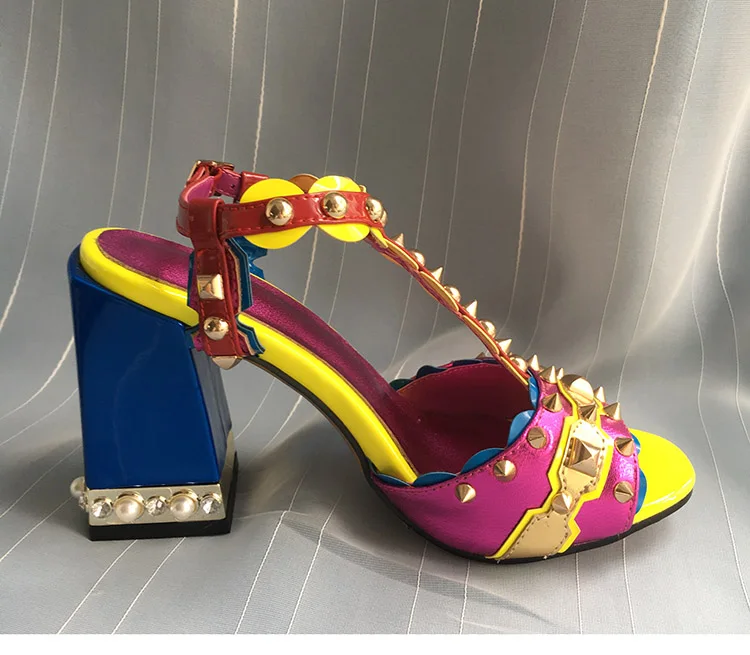 Phoentin/фиолетовые женские босоножки из натуральной кожи с t-образным ремешком; Новинка года; Модные Разноцветные Летние женские туфли на высоком каблуке с заклепками; FT457