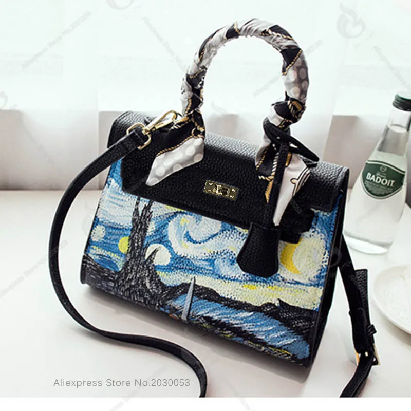 

Hand Paints Van Gogh Starry Night Sky Tote Bags Big Capacity Shoulder Bag High Quality Genuine Leather Crossbody Messenger Bag Y