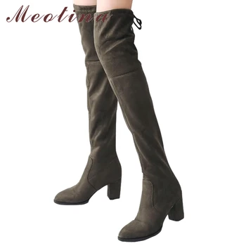 

Meotina Over the Knee Boots Women High Boots Female High Heels Thick High Boots Lace Up Long Shoes Grey Black Big Size 34-43