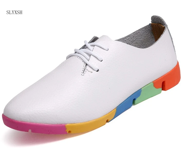 

New Autumn spring new lace-up leather women flat white shoes pointed toe deep mouth soft bottom leisure colorful shoes woman