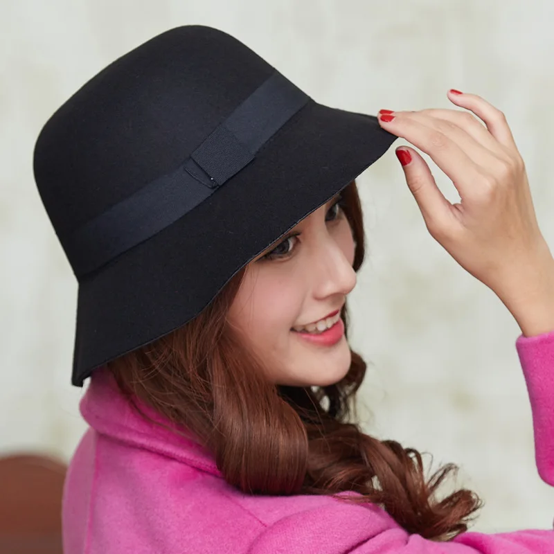 

Women Wool Felt Fedora Hats Fashion Ladies Girls Stingy Brim Bucket Hats Autumn Winter Female Dome Cap Sweet Style GH-211