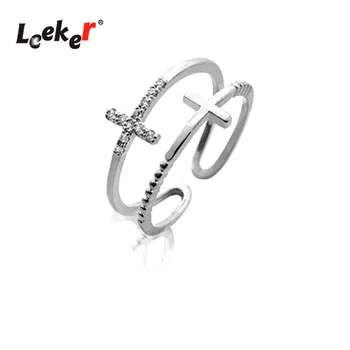 

LEEKER Tiny Crystal Open Cross Rings For Women Rose Gold Silver Color Adjustable Size Ring Jewelry 481 LK9