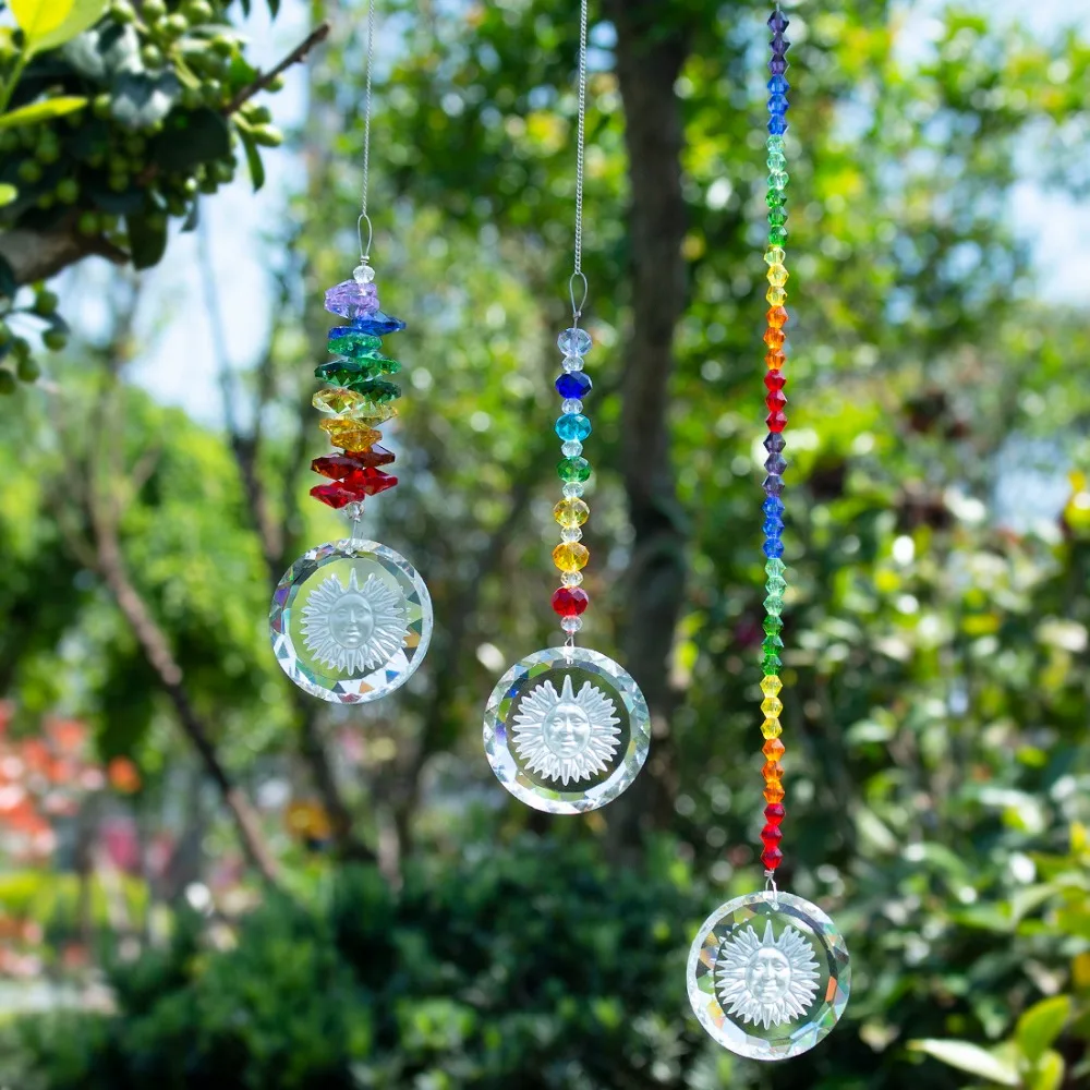 H&D 3pcs/set Chakra Suncatcher With Sunflower Pendant Rainbow Hanging Crystal Sun Catcher For Window Home Garden Decoration Gift