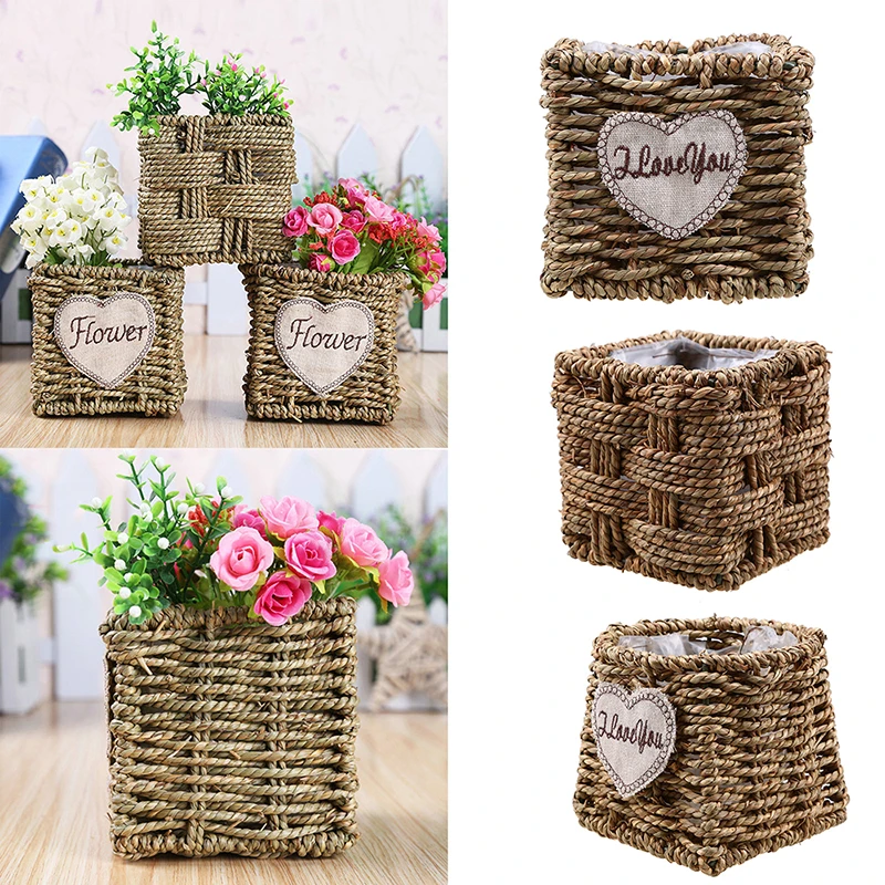

WHISM Straw Artificial Silk Flower Storage Basket Wicker Flower Planter Garden Pot Home Office Wedding Flowers Decor Vase