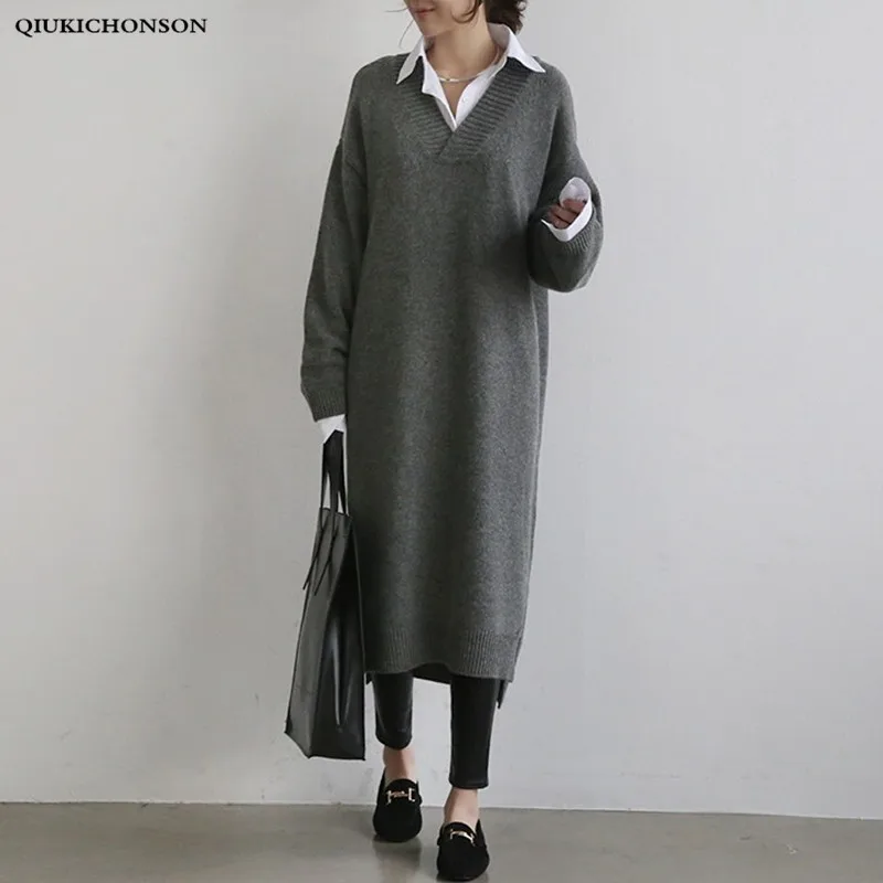 

Korean Fashion Sweater Dress Women 2019 Autumn Winter Low High Design Side Slit Thick V Neck Knitted Dresses Ladies robe pull
