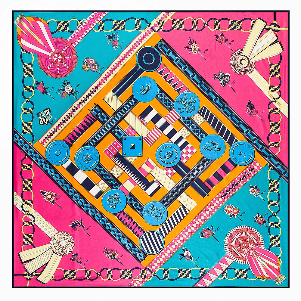 

[POBING] 100% Twill Silk Square Scarf Luxury Brand Spain Chain Print Woman Scarves&Wraps Foulard Big Bandana Lady Accessory