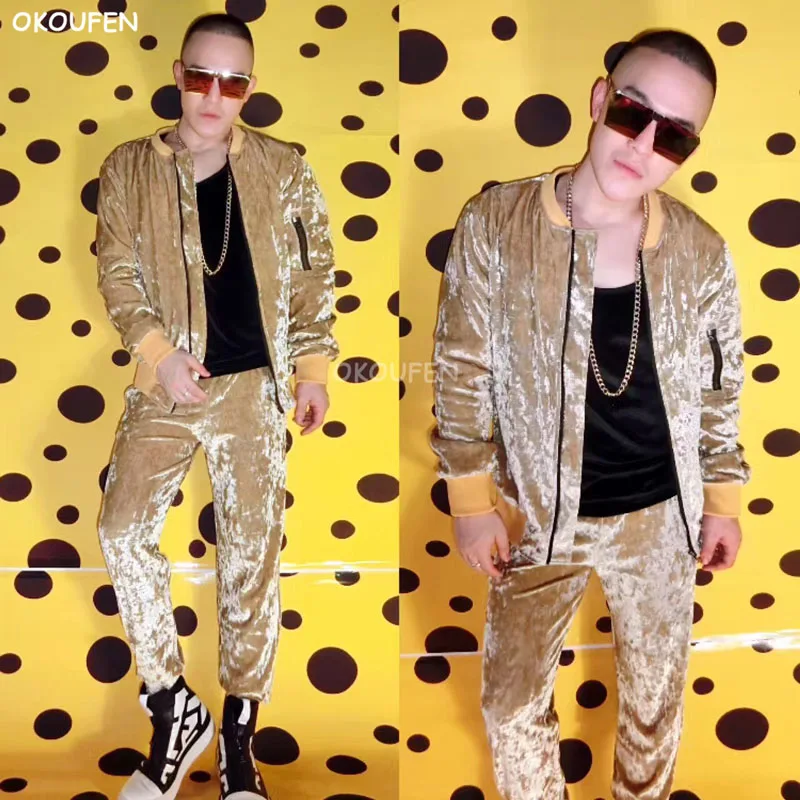 

Nightclub Male Singer DJ dancer costumes Champagne Gold Diamond Velvet flash hip-hop baseball uniforms stage show stage wear