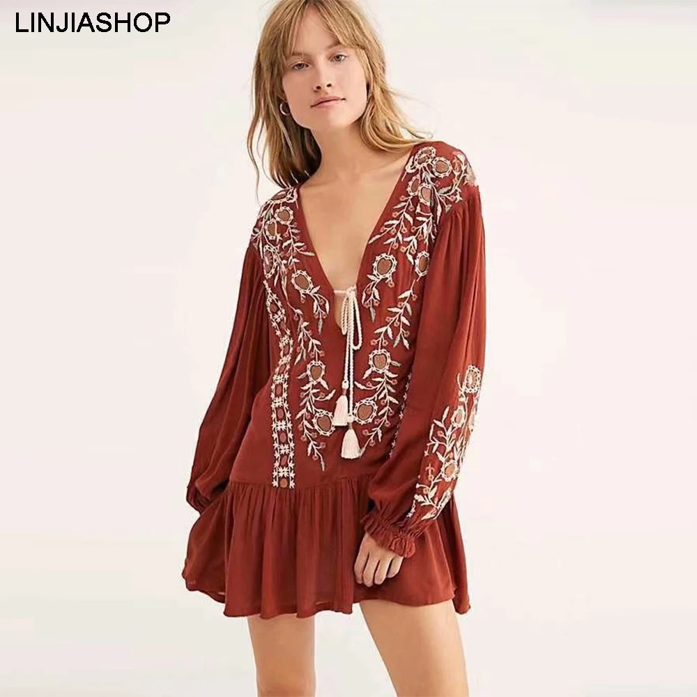 

Vintage Embroidery V Neck Women White Dress Red A-Line Long Sleeve Natural Waist Short Loose Mini Dress Bloggers 2019 Fashion