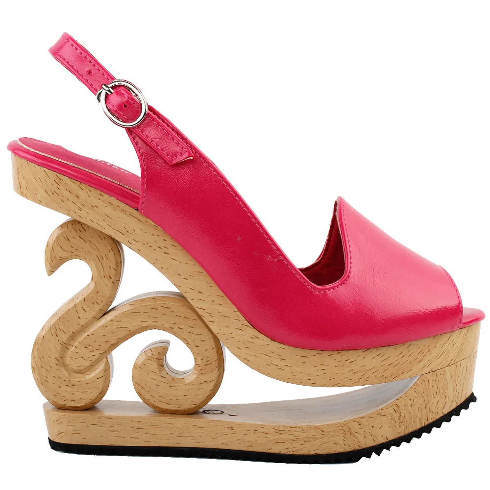 LF30835 Hot Pink Curve Buckle Slingback Open Toe Stud Wooden Wedge