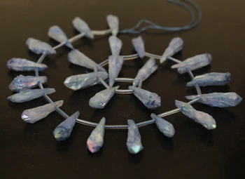 

15.5"Strand Light Blue Titanium Druzy Quartz Crystal Geode Top Drilled Point Pendant Beads,Raw Crystal Spikes Stick Nugget Beads