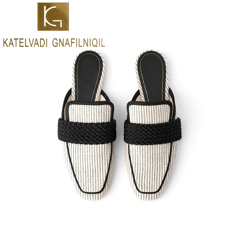 

KATELVADI 2019 Women Brand Slippers low heel Women Casual Slipper Slip On Mules Slides Cotton Strip Fabric single Shoes K-385