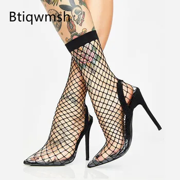 

2019 Sexy Sock Boots Women PVC Pointed Toe Black Red Mesh High Heel Shoes Woman Fashion Stretch Ankle Boots For Summer