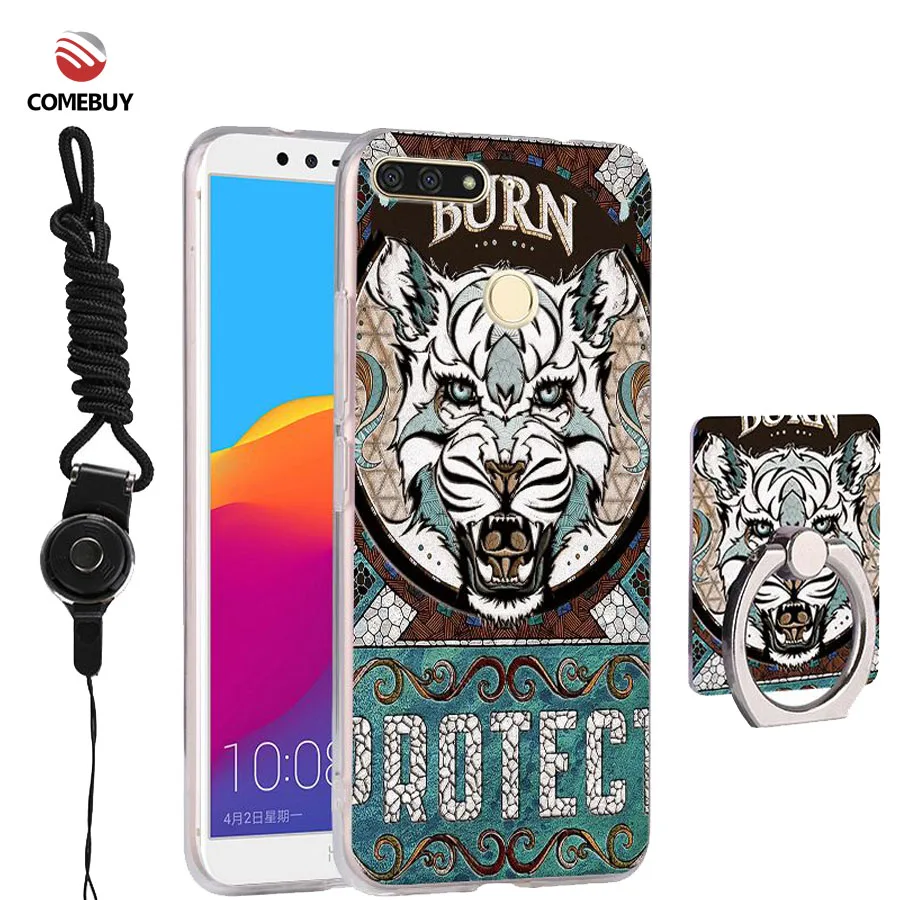 COMEBUY For Huawei Honor Y6 Prime 2018 Case Relief Painting Soft TPU Silicone With Finger Ring Holder |