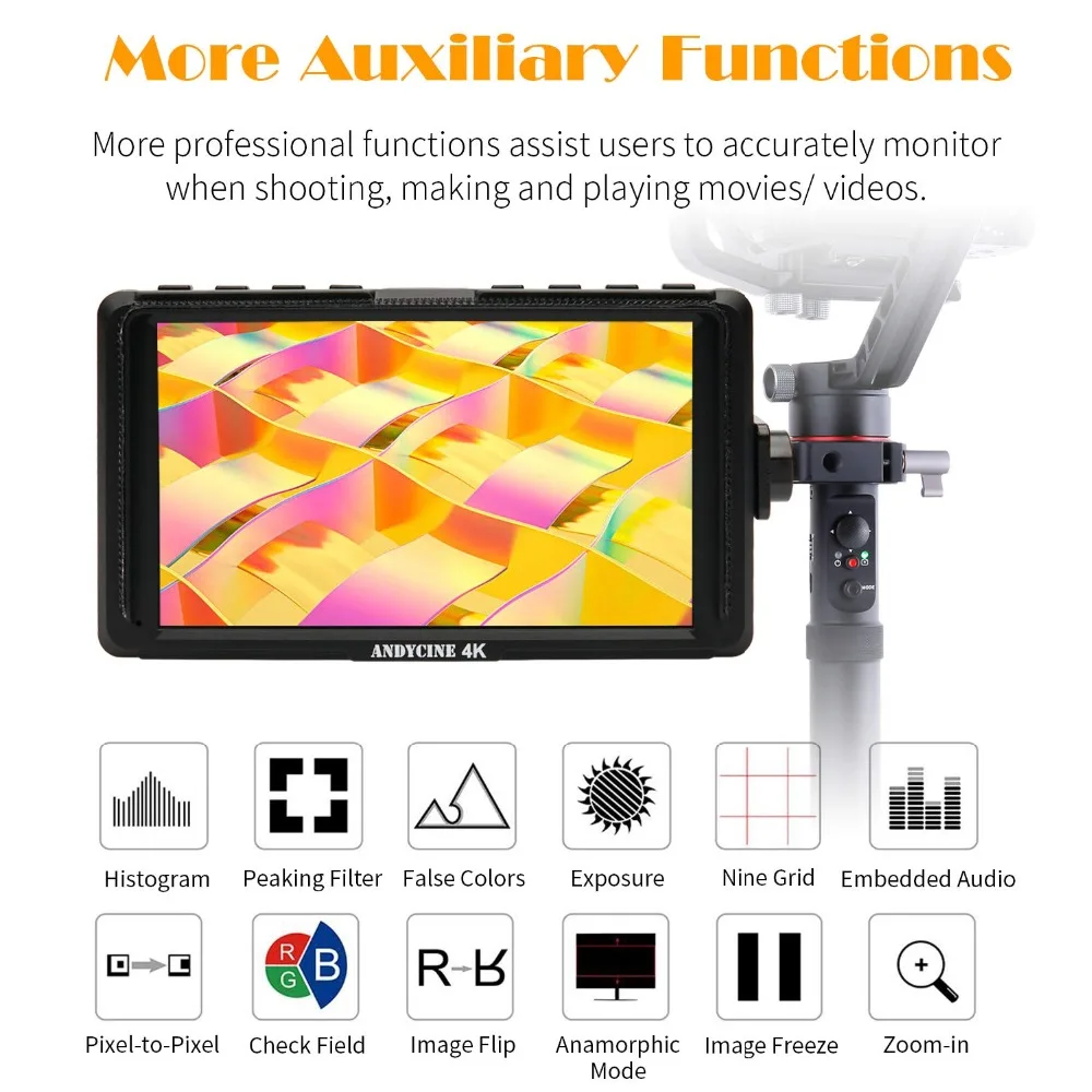 ANDYCINE A6 Lite 5inch DSLR HDMI Camera Field Monitor 1920x1080 Video Peaking Focus assits Input Output DC output with Tilt Arm