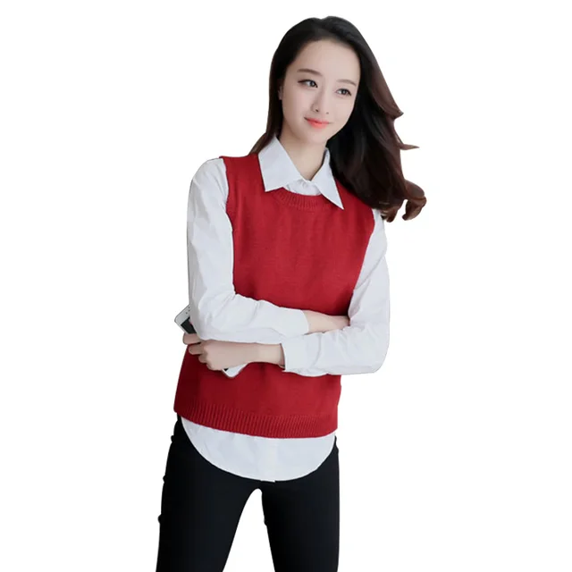 Autumn Winter Red Women's Crew Neck Sweater Vest Knitted Female Gilet