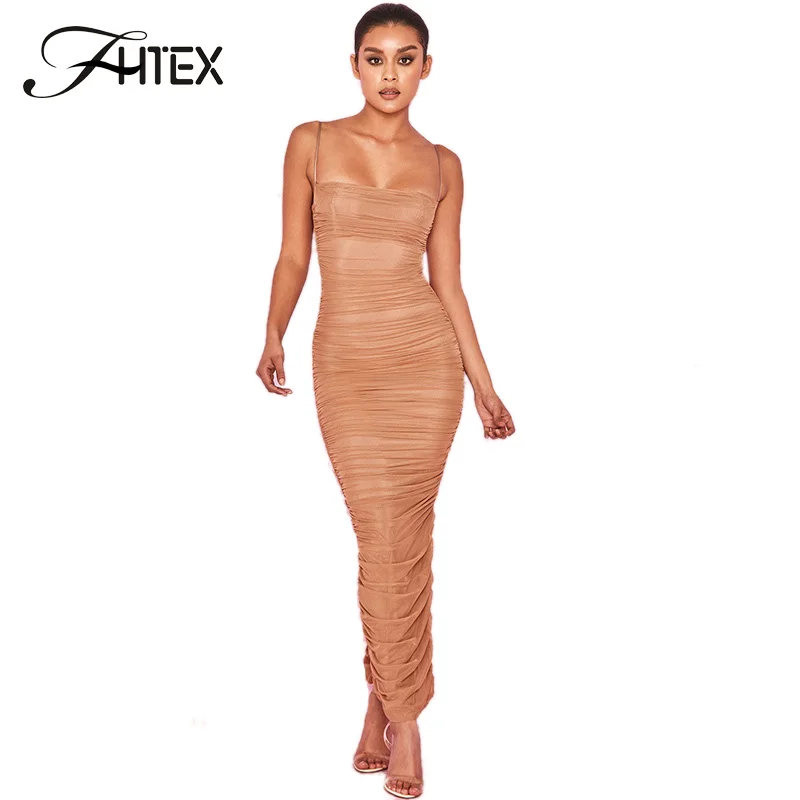 

FHTEX Women Sexy Strapless Spaghetti Strap Bodycon Long Dress Fashion Ruched Split Mesh Maxi Dress Summer Club Dress vestido