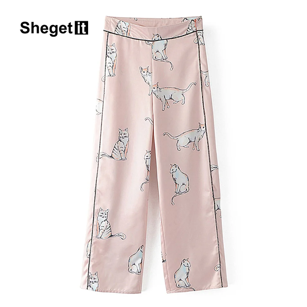Shegetit Vintage Cat Pattern Print Pants Women Trousers Zipper Wide Leg